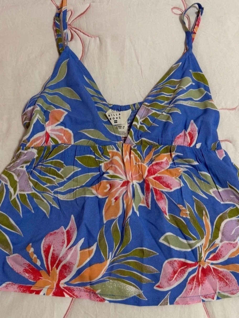 Billabong Tropical Floral V-Neck Cami Tank Top Blue & Pink Medium